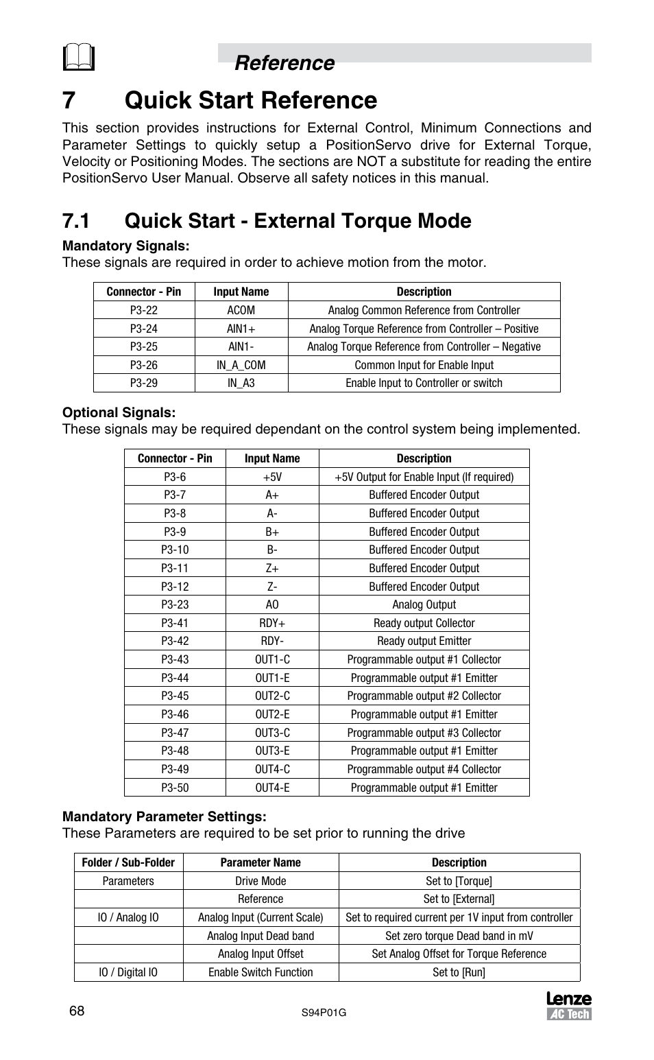 7quick start reference, Reference, 1 quick start - external torque mode | Lenze S94P01G Position Servo User Manual | Page 70 / 84