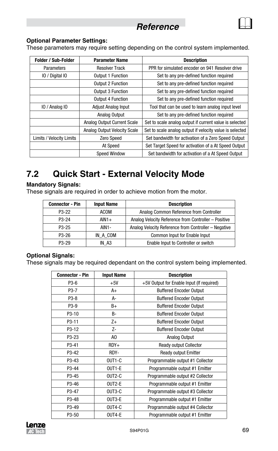 Reference, 2 quick start - external velocity mode | Lenze S94P01G Position Servo User Manual | Page 71 / 84