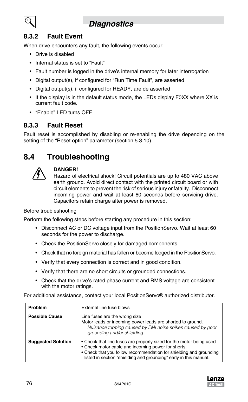 Diagnostics, 4 troubleshooting, 2 fault event | 3 fault reset | Lenze S94P01G Position Servo User Manual | Page 78 / 84