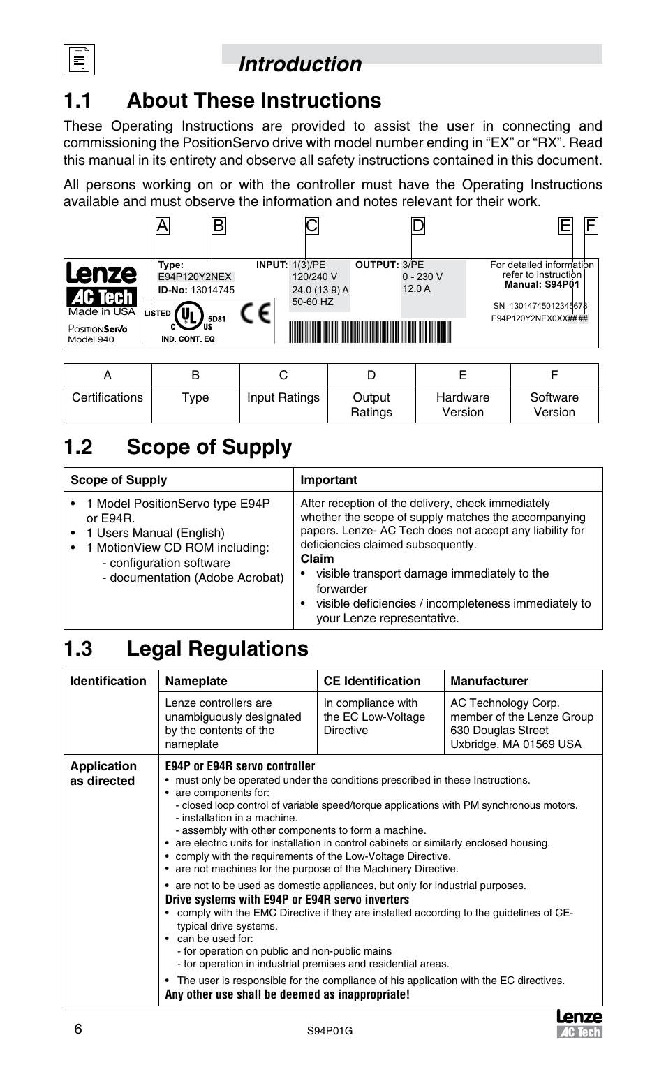 Introduction 1.1 about these instructions, 2 scope of supply, 3 legal regulations | Lenze S94P01G Position Servo User Manual | Page 8 / 84