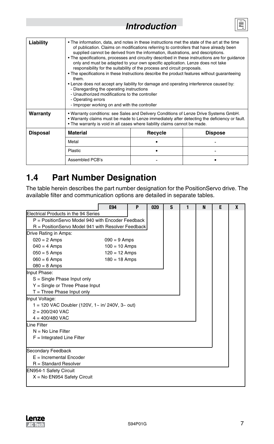 Introduction, 4 part number designation | Lenze S94P01G Position Servo User Manual | Page 9 / 84