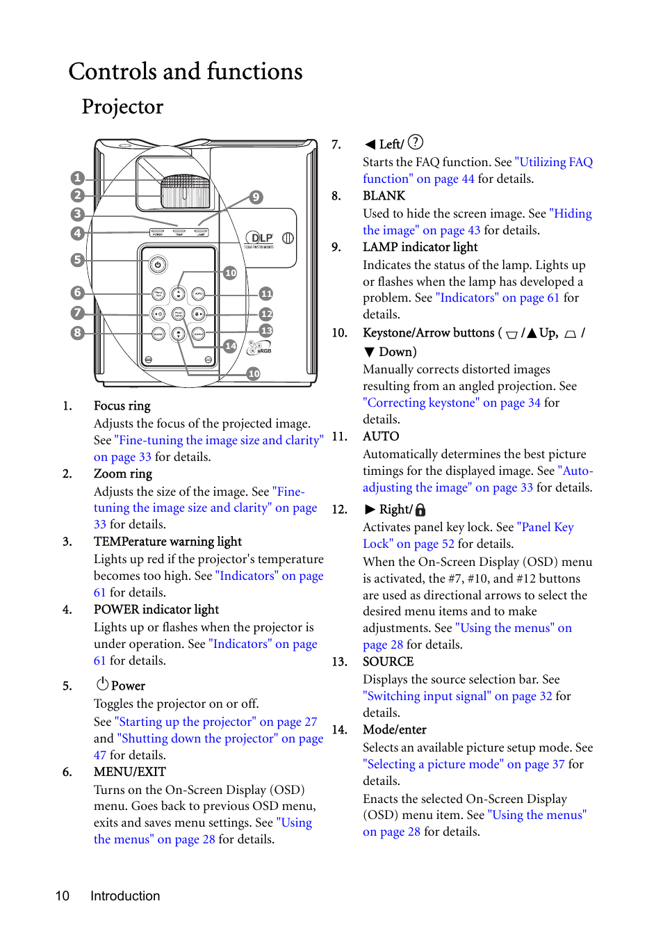 Controls and functions, Projector | BenQ MP730 User Manual | Page 10 / 68