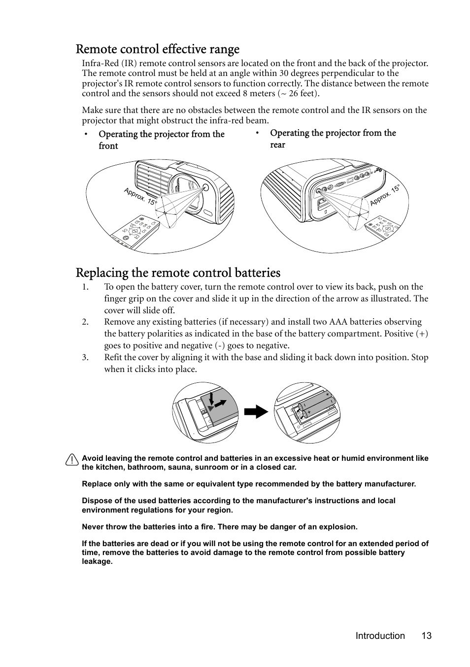Remote control effective range, Replacing the remote control batteries | BenQ MP730 User Manual | Page 13 / 68
