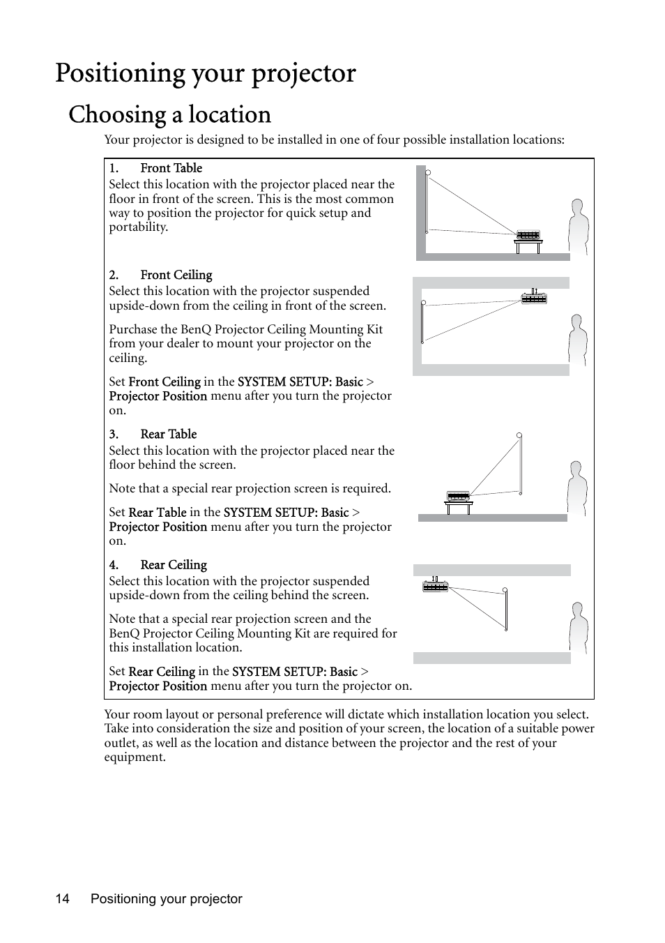 Positioning your projector, Choosing a location, Positioning your projector14 | BenQ MP730 User Manual | Page 14 / 68