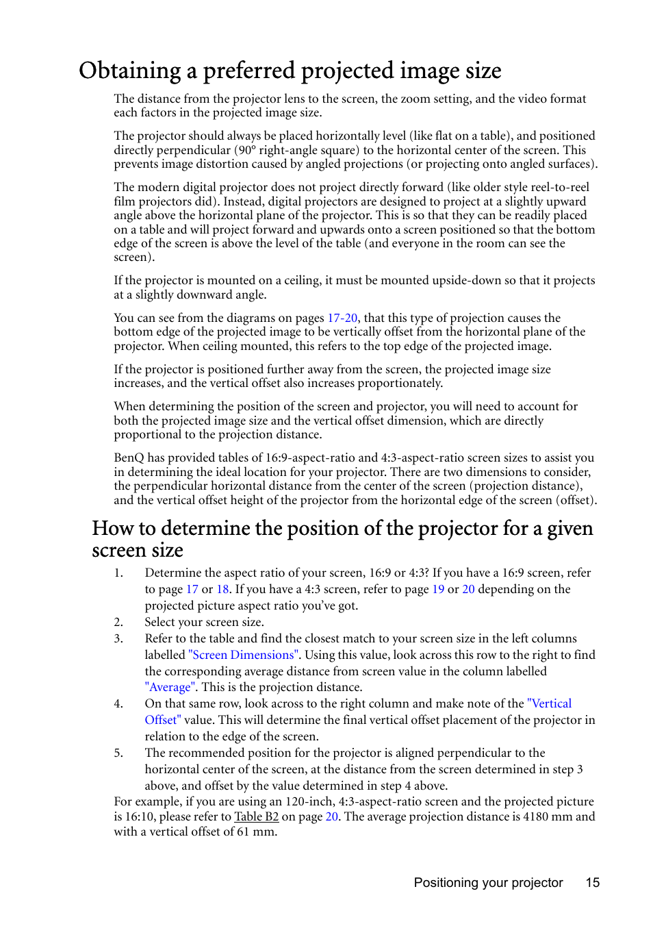 Obtaining a preferred projected image size | BenQ MP730 User Manual | Page 15 / 68