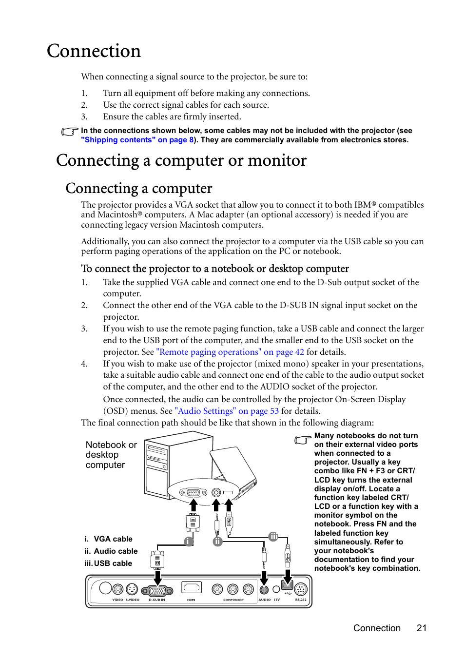 Connection, Connecting a computer or monitor, Connecting a computer | BenQ MP730 User Manual | Page 21 / 68