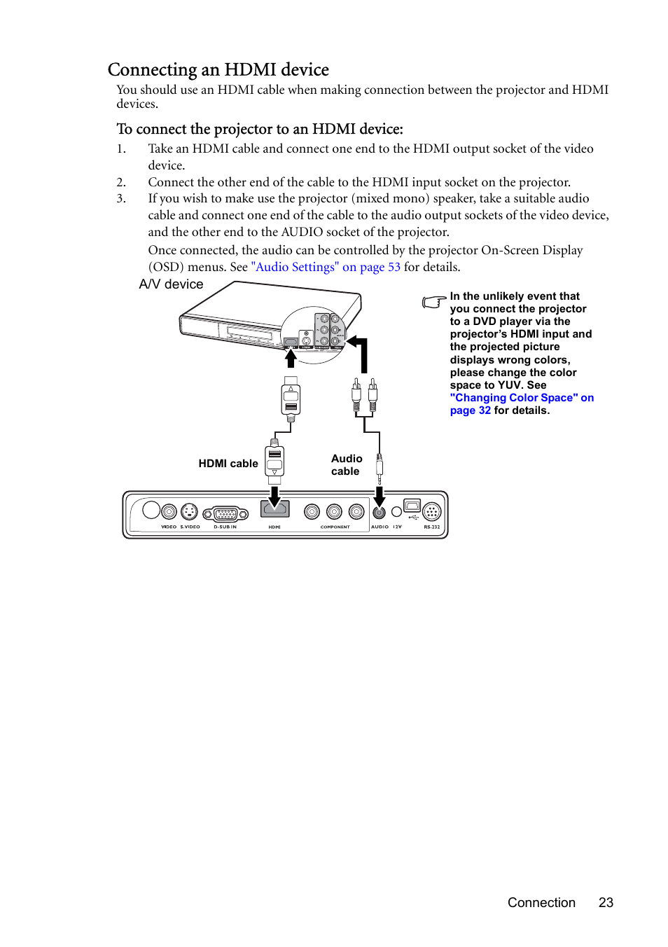 Connecting an hdmi device | BenQ MP730 User Manual | Page 23 / 68