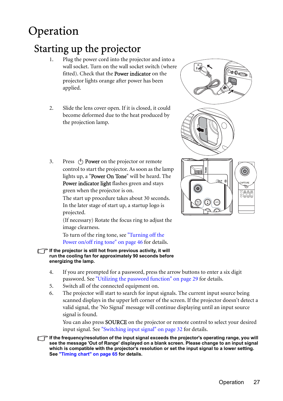 Operation, Starting up the projector | BenQ MP730 User Manual | Page 27 / 68