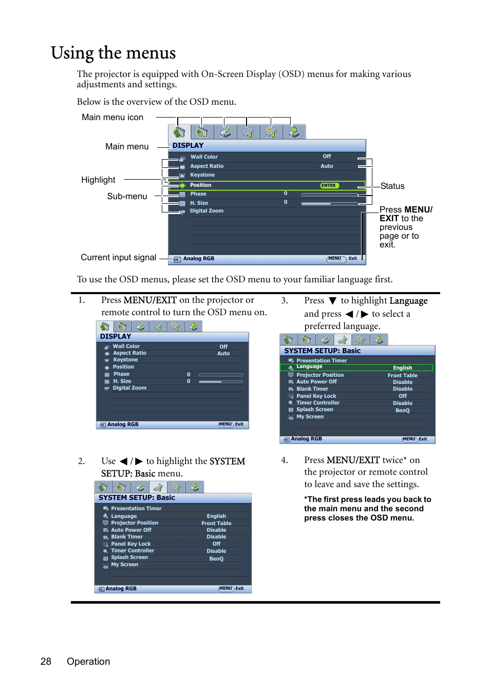 Using the menus, Using, Using the menus" on | Operation 28 | BenQ MP730 User Manual | Page 28 / 68