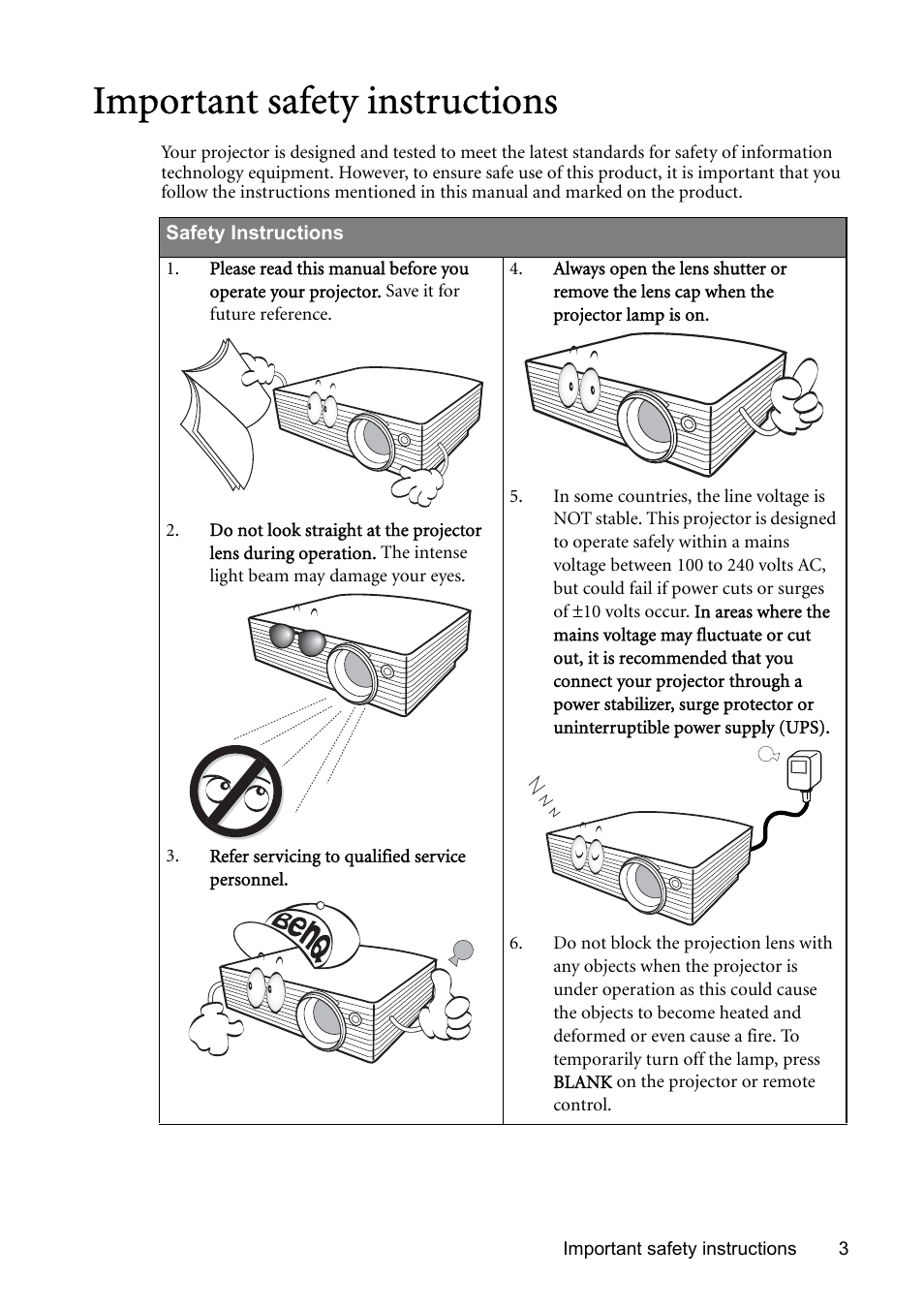 Important safety instructions | BenQ MP730 User Manual | Page 3 / 68