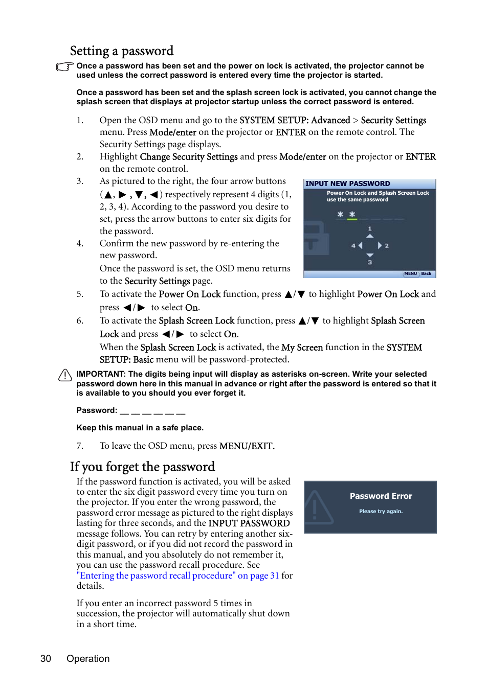 Setting a password, If you forget the password | BenQ MP730 User Manual | Page 30 / 68