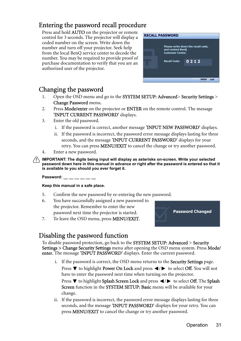 Entering the password recall procedure, Changing the password, Disabling the password function | BenQ MP730 User Manual | Page 31 / 68