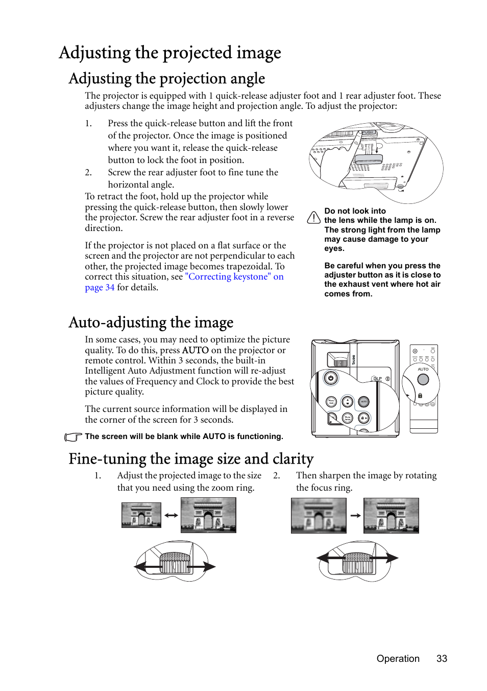 Adjusting the projected image, Adjusting the projection angle, Auto-adjusting the image | Fine-tuning the image size and clarity, Fine, Auto | BenQ MP730 User Manual | Page 33 / 68