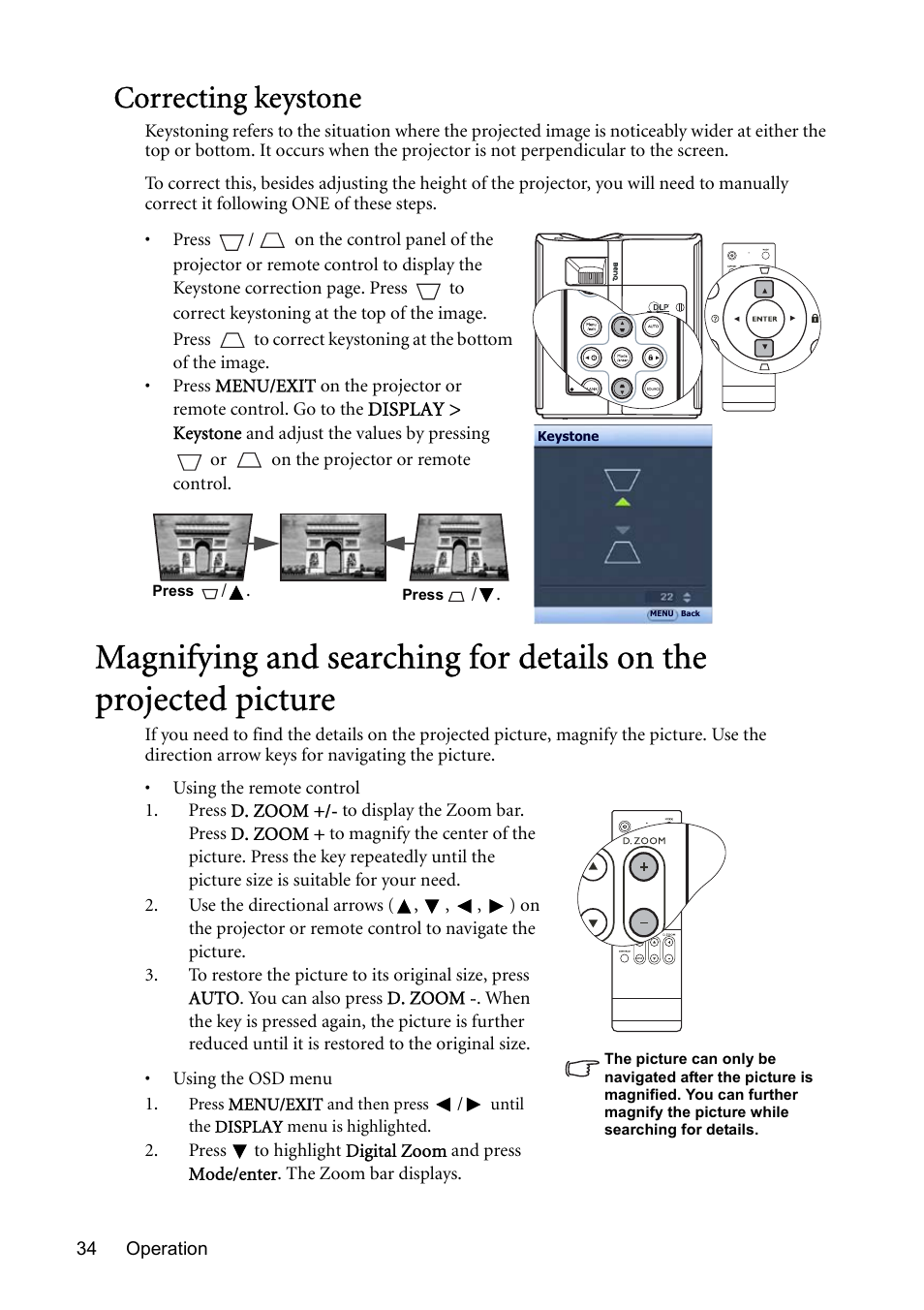 Correcting keystone, Magnifying and searching for, On. see | Correcting keystone" on | BenQ MP730 User Manual | Page 34 / 68