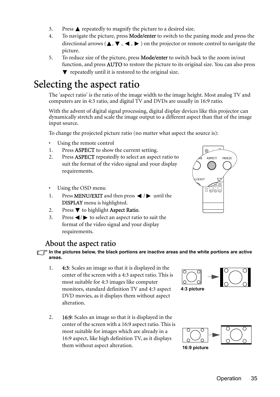 Selecting the aspect ratio, For det, About the aspect ratio | BenQ MP730 User Manual | Page 35 / 68
