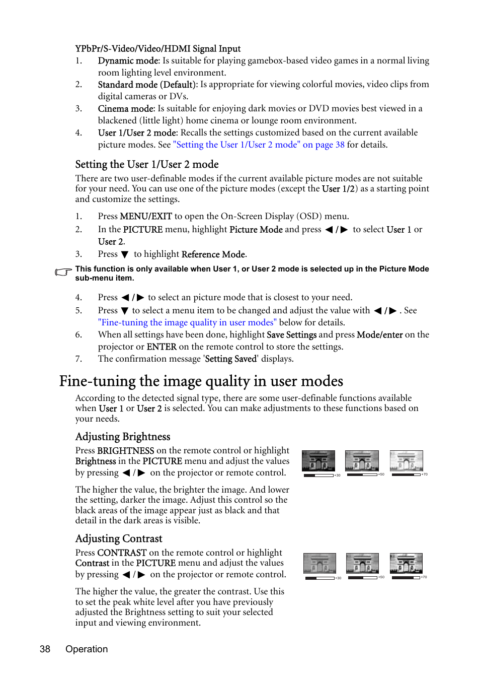 Fine-tuning the image quality in user modes, Adjusting, Adjusting contrast | Setting the user 1/user 2 mode, Adjusting brightness | BenQ MP730 User Manual | Page 38 / 68