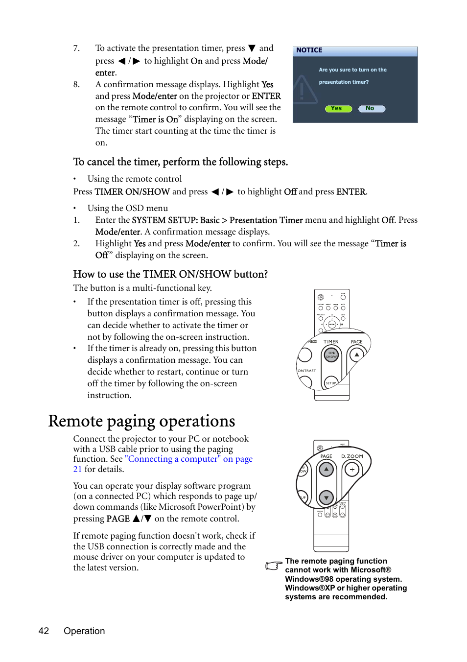 Remote paging operations, Remote paging | BenQ MP730 User Manual | Page 42 / 68