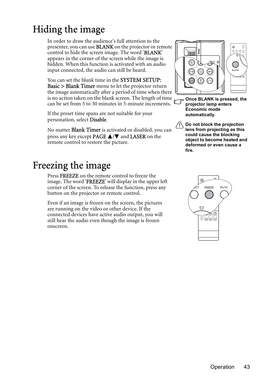 Hiding the image, Freezing the image, Hiding the image freezing the image | Hiding, Freezing | BenQ MP730 User Manual | Page 43 / 68