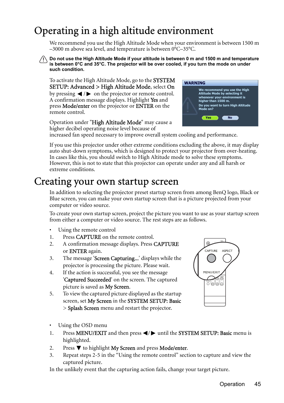 Operating in a high altitude environment, Creating your own startup screen, Creating your | BenQ MP730 User Manual | Page 45 / 68