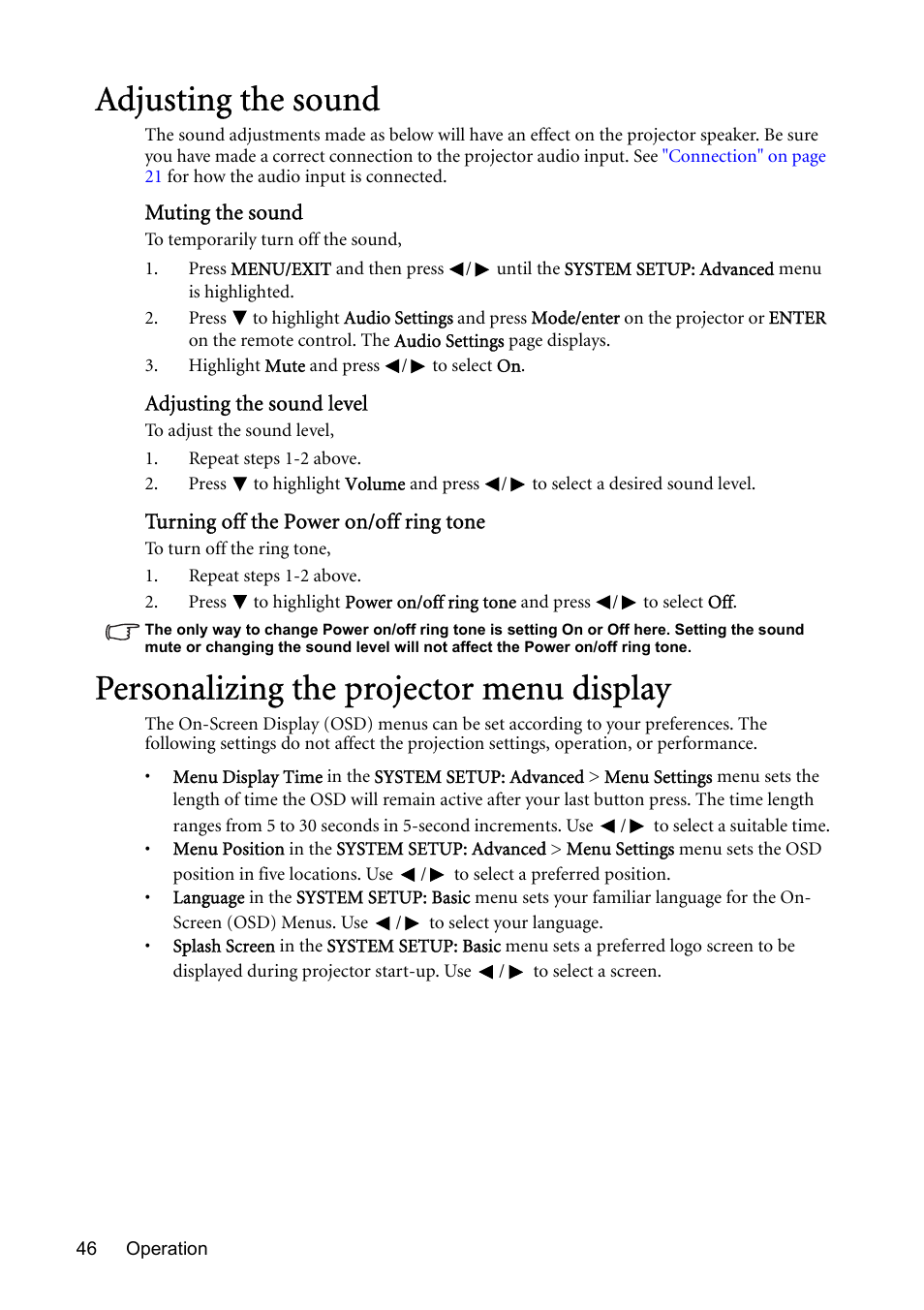 Adjusting the sound, Personalizing the projector menu display, Turning off the | BenQ MP730 User Manual | Page 46 / 68