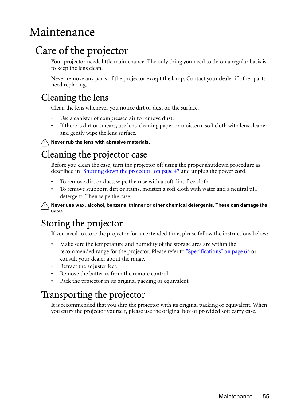 Maintenance, Care of the projector, Cleaning the lens | Cleaning the projector case, Storing the projector, Transporting the projector | BenQ MP730 User Manual | Page 55 / 68