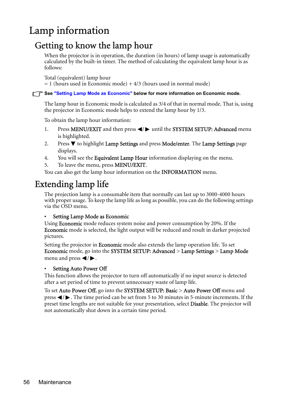 Lamp information, Getting to know the lamp hour, Extending lamp life | Setting auto power off, Setting lamp mode as economic" on, Getting to | BenQ MP730 User Manual | Page 56 / 68