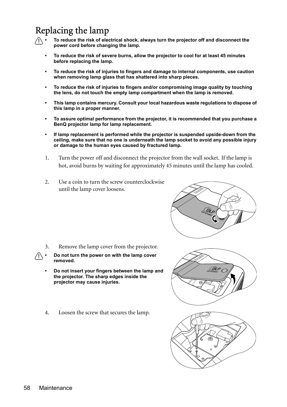 Replacing the lamp | BenQ MP730 User Manual | Page 58 / 68