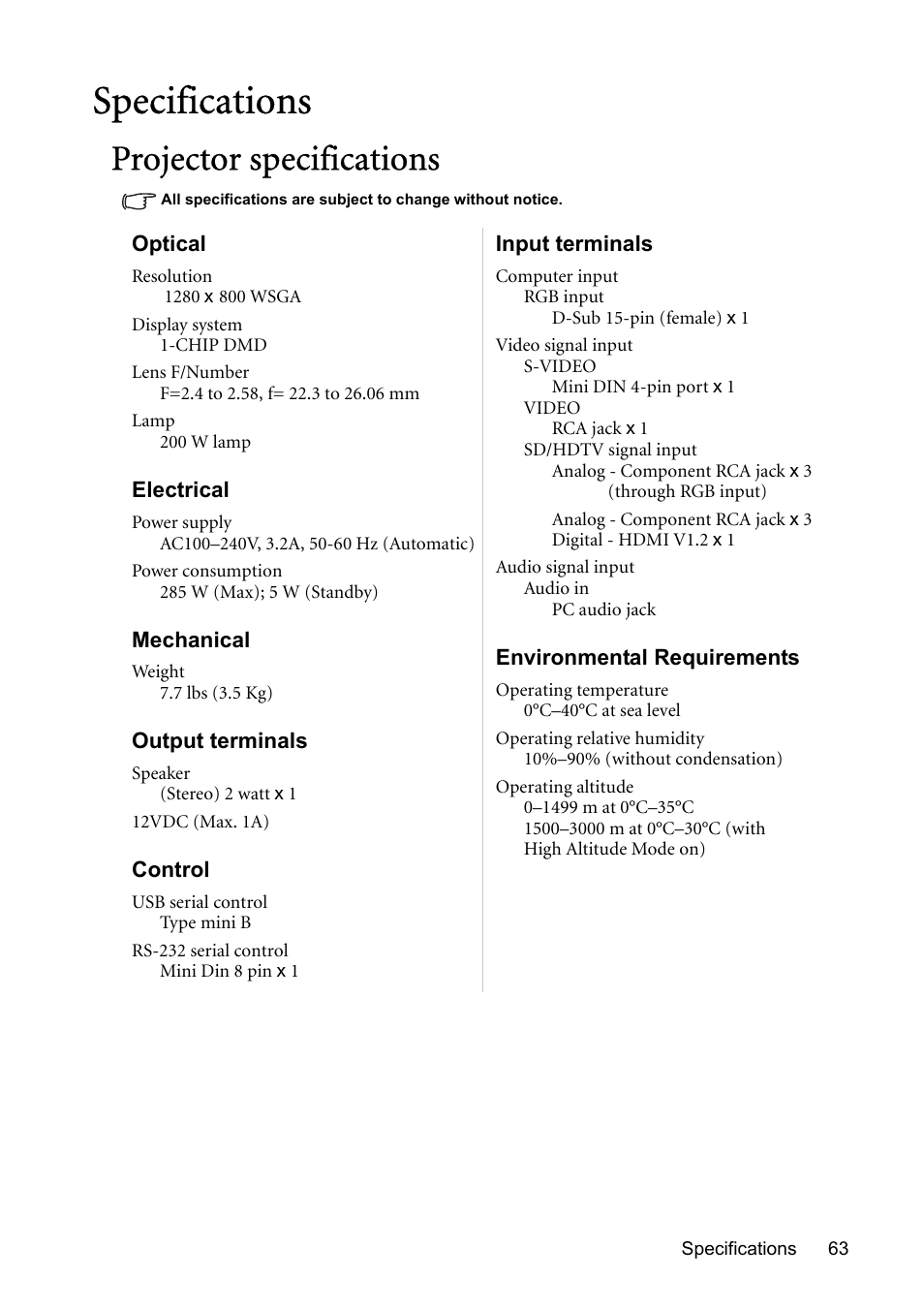 Specifications, Projector specifications | BenQ MP730 User Manual | Page 63 / 68