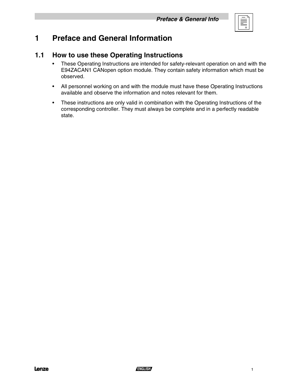 1 preface and general information, 1 how to use these operating instructions, 1preface and general information | Lenze S94CAN01A User Manual | Page 3 / 16