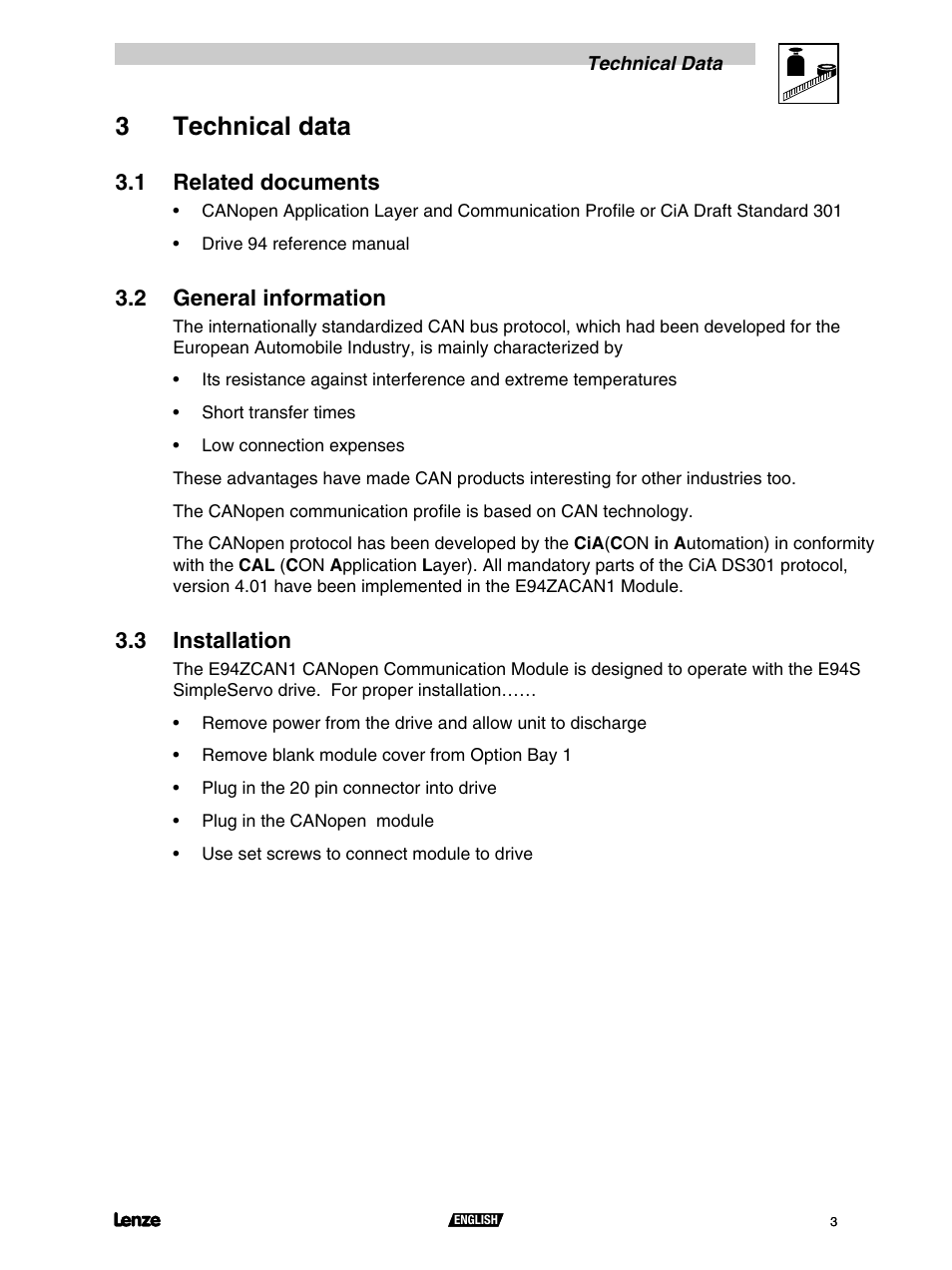 3 technical data, 1 related documents, 2 general information | 3 installation, 3technical data | Lenze S94CAN01A User Manual | Page 5 / 16