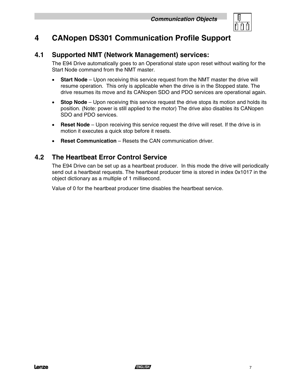 4 canopen ds301 communication profile support, 1 supported nmt (network management) services, 2 the heartbeat error control service | 4 canopen ds301 communication proﬁle support, 4canopen ds301 communication proﬁle support | Lenze S94CAN01A User Manual | Page 9 / 16