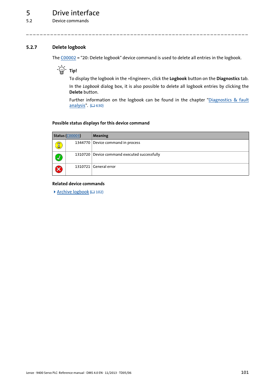7 delete logbook, Delete logbook, 5drive interface | Lenze E94AxPExxxx User Manual | Page 101 / 976