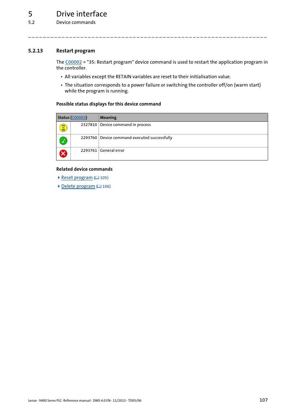 13 restart program, Restart program, 5drive interface | Lenze E94AxPExxxx User Manual | Page 107 / 976