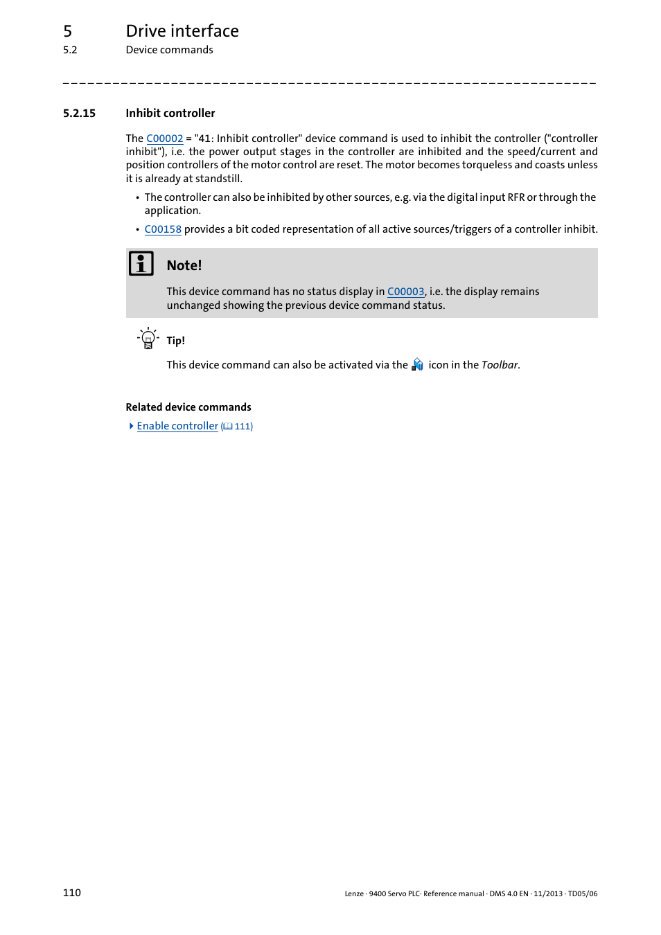 15 inhibit controller, Inhibit controller, 5drive interface | Lenze E94AxPExxxx User Manual | Page 110 / 976