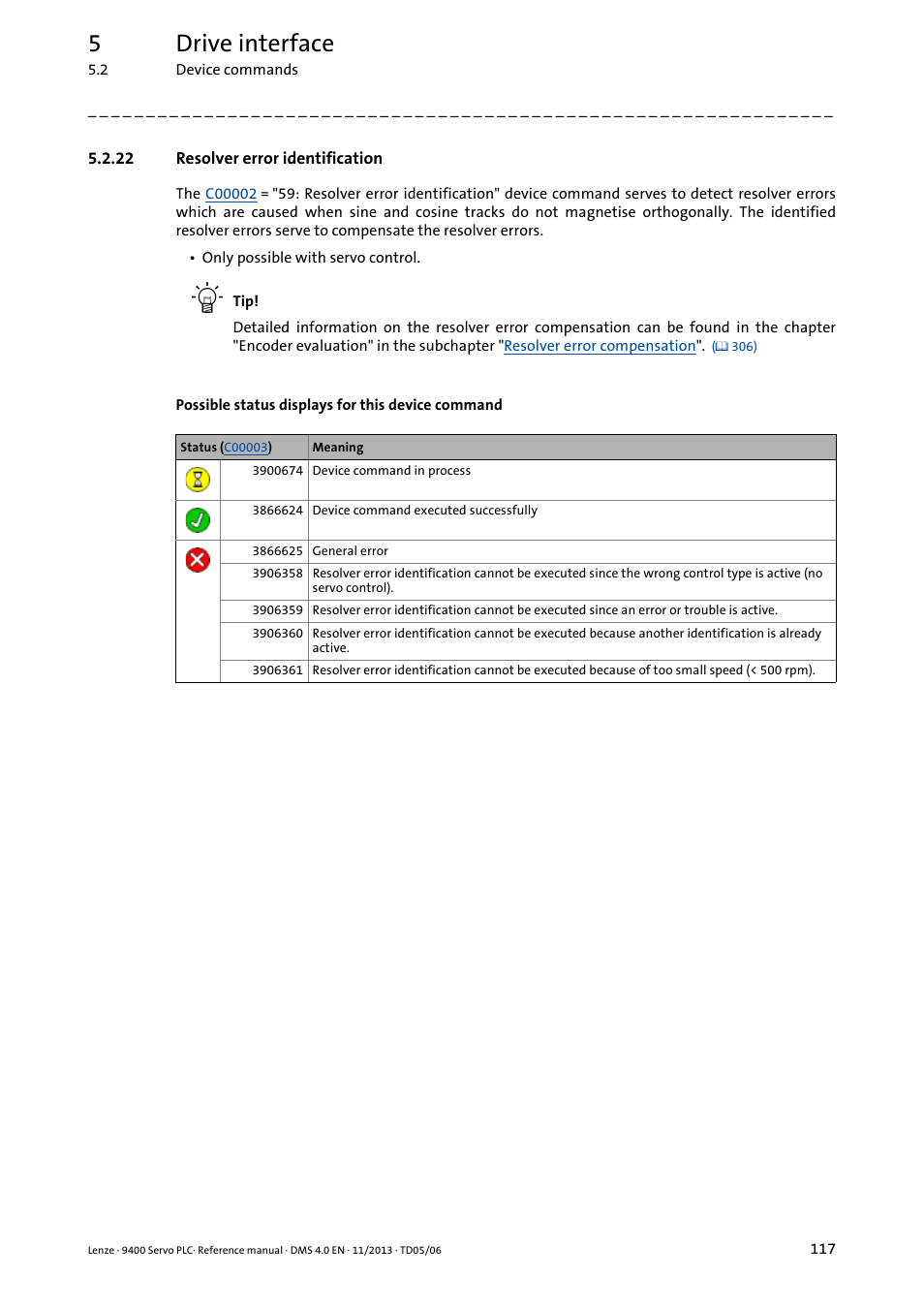 22 resolver error identification, 5drive interface | Lenze E94AxPExxxx User Manual | Page 117 / 976
