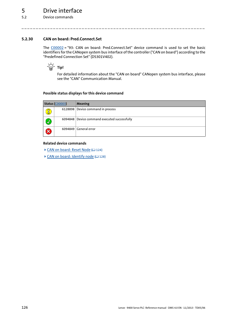 30 can on board: pred.connect.set, Can on board: pred.connect.set, 5drive interface | Lenze E94AxPExxxx User Manual | Page 126 / 976
