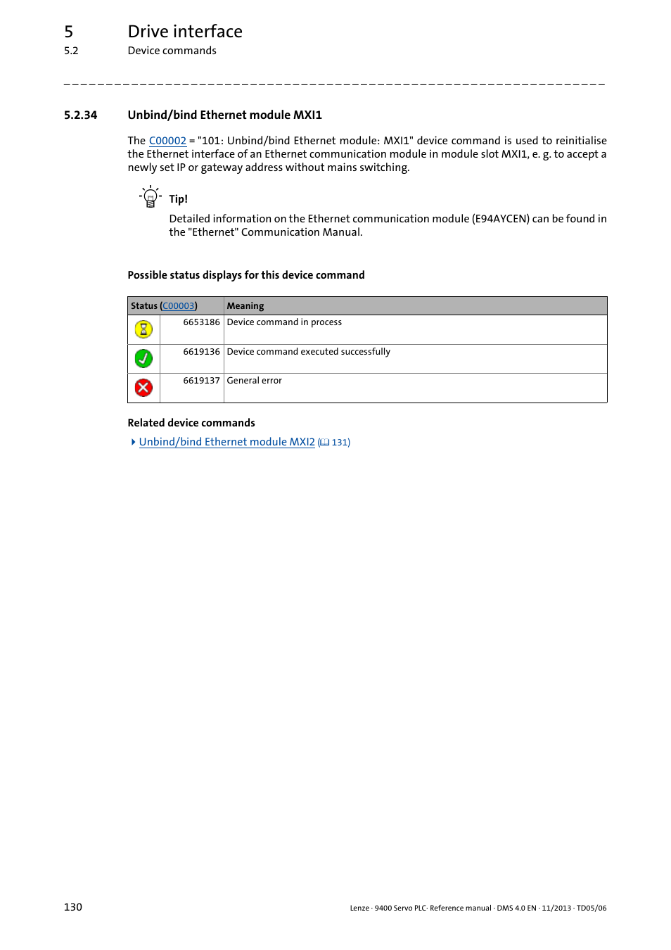 34 unbind/bind ethernet module mxi1, 5drive interface | Lenze E94AxPExxxx User Manual | Page 130 / 976