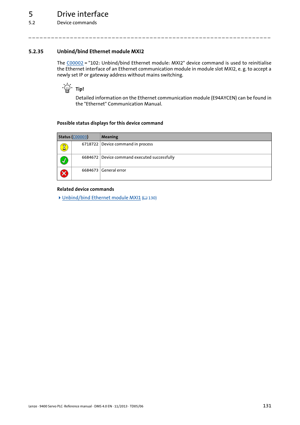 35 unbind/bind ethernet module mxi2, Unbind/bind ethernet module mxi2, 5drive interface | Lenze E94AxPExxxx User Manual | Page 131 / 976