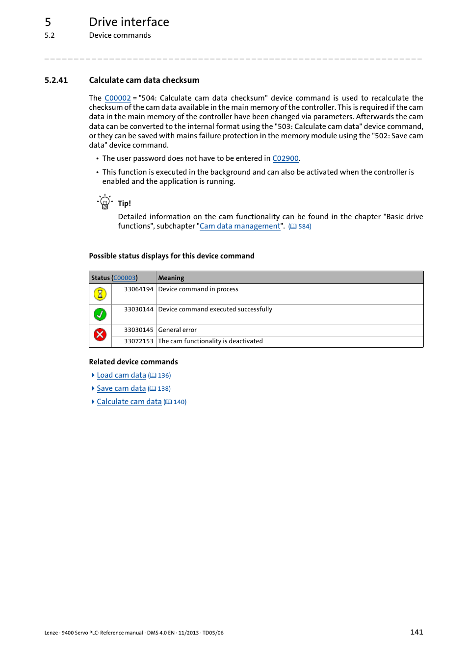 41 calculate cam data checksum, Calculate cam data checksum, 5drive interface | Lenze E94AxPExxxx User Manual | Page 141 / 976