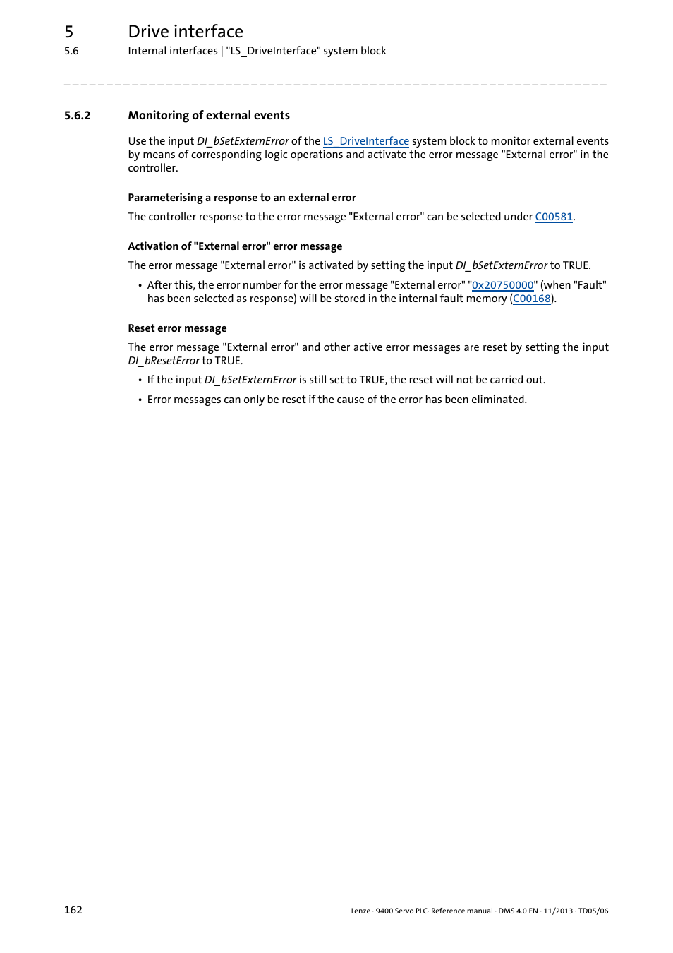 2 monitoring of external events, Monitoring of external events, Monitoring of external events ( 162) | 5drive interface | Lenze E94AxPExxxx User Manual | Page 162 / 976