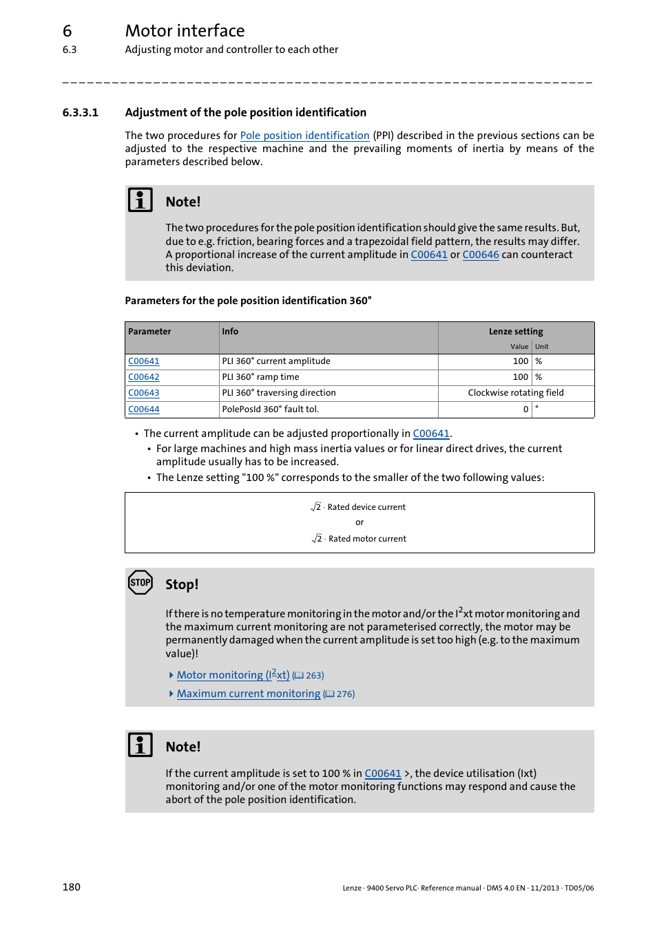 1 adjustment of the pole position identification, Adjustment of the pole position identification, 6motor interface | Stop | Lenze E94AxPExxxx User Manual | Page 180 / 976