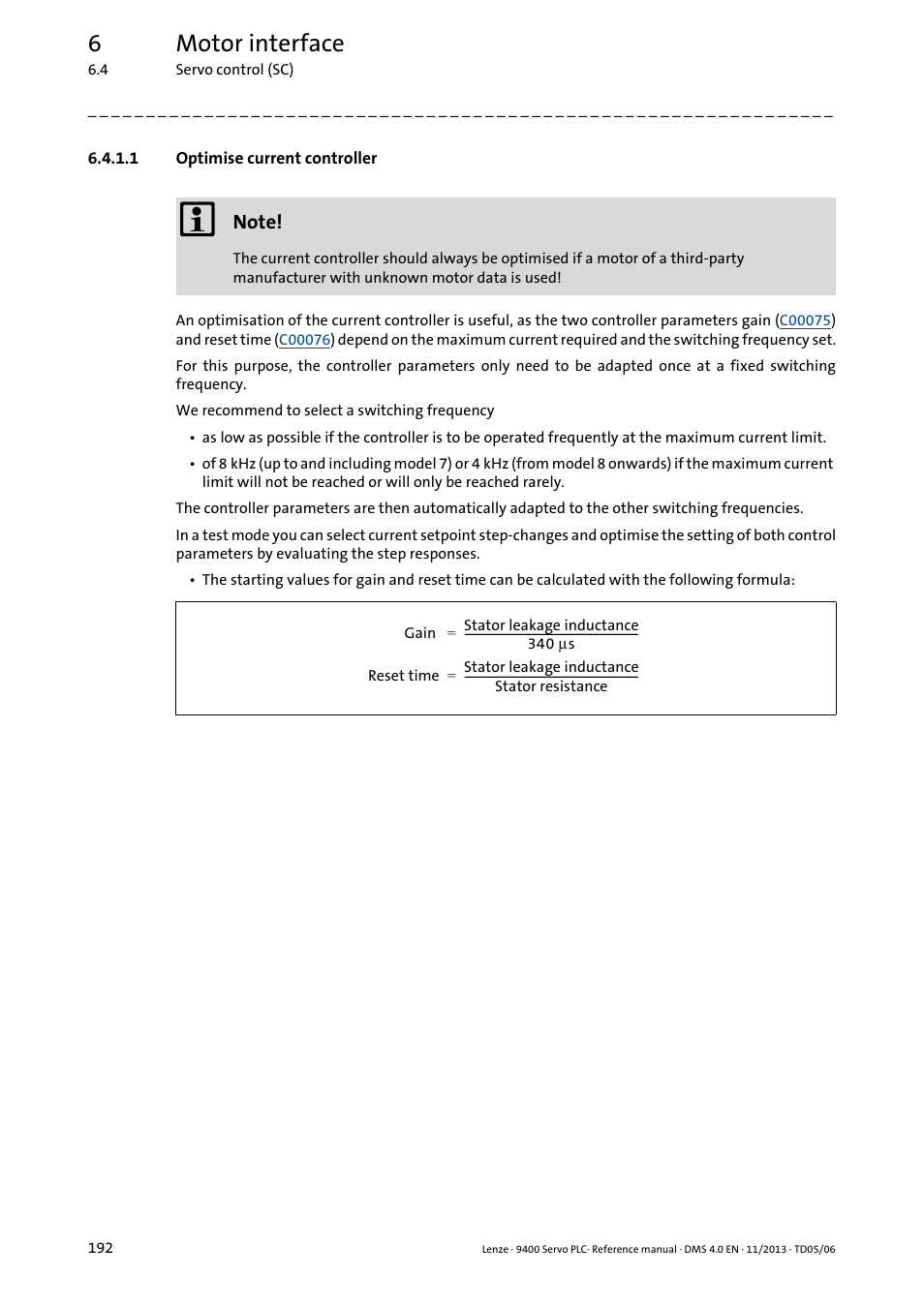 1 optimise current controller, Optimise current controller, 6motor interface | Lenze E94AxPExxxx User Manual | Page 192 / 976