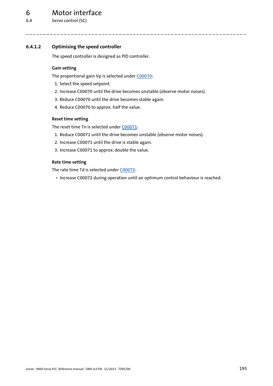 2 optimising the speed controller, Optimising the speed controller, 6motor interface | Lenze E94AxPExxxx User Manual | Page 195 / 976