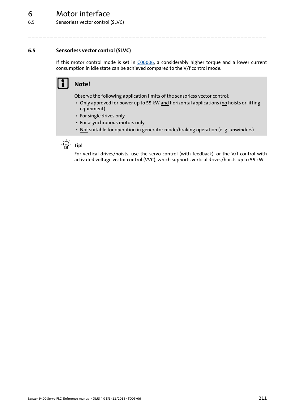 5 sensorless vector control (slvc), Sensorless vector control (slvc), Sensorless vector control (slvc) ( 211) | 6motor interface | Lenze E94AxPExxxx User Manual | Page 211 / 976
