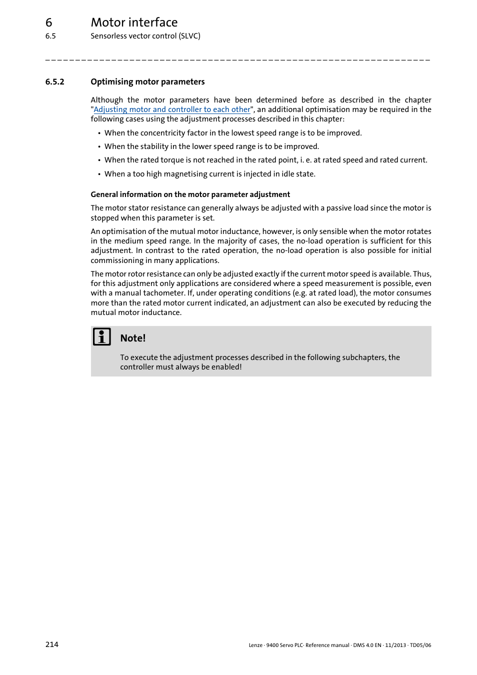 2 optimising motor parameters, Optimising motor parameters, 6motor interface | Lenze E94AxPExxxx User Manual | Page 214 / 976