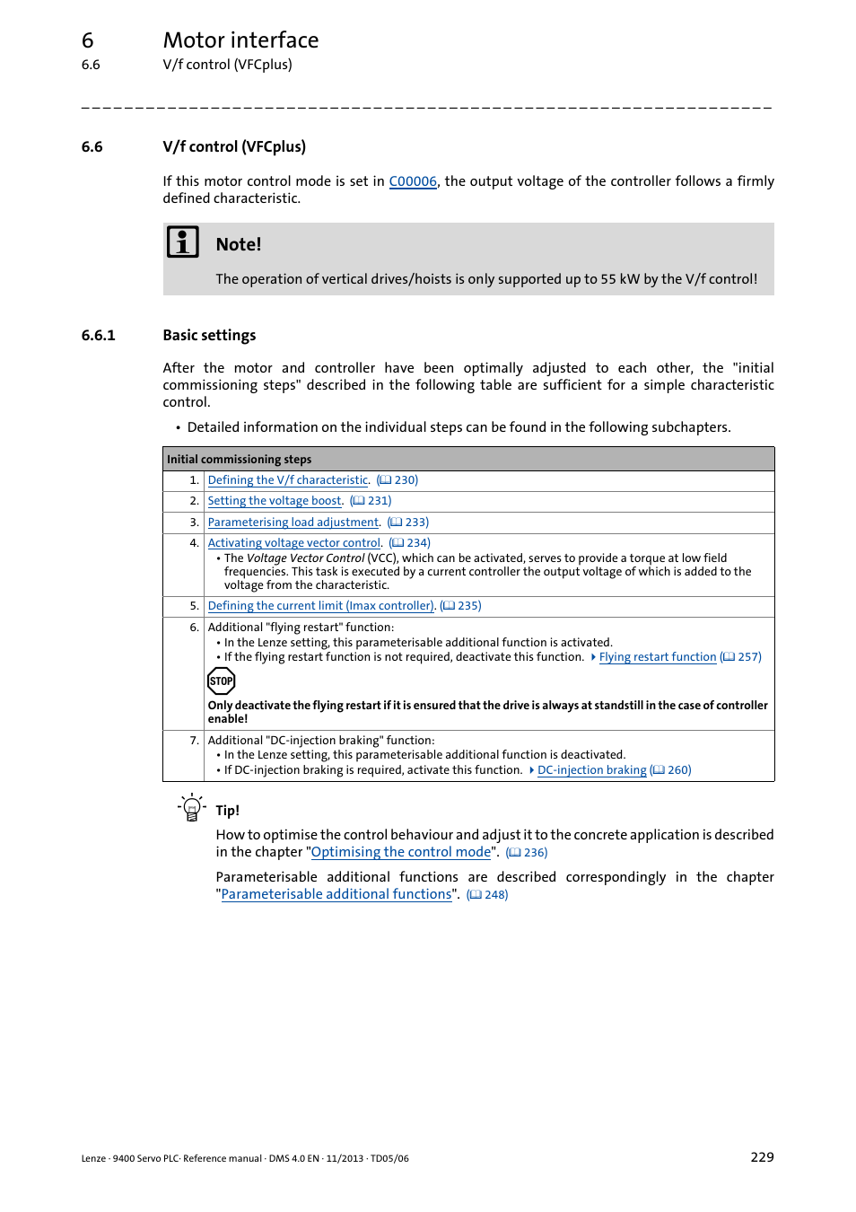 6 v/f control (vfcplus), 1 basic settings, V/f control (vfcplus) | Basic settings, V/f control (vfcplus) ( 229), 6motor interface | Lenze E94AxPExxxx User Manual | Page 229 / 976