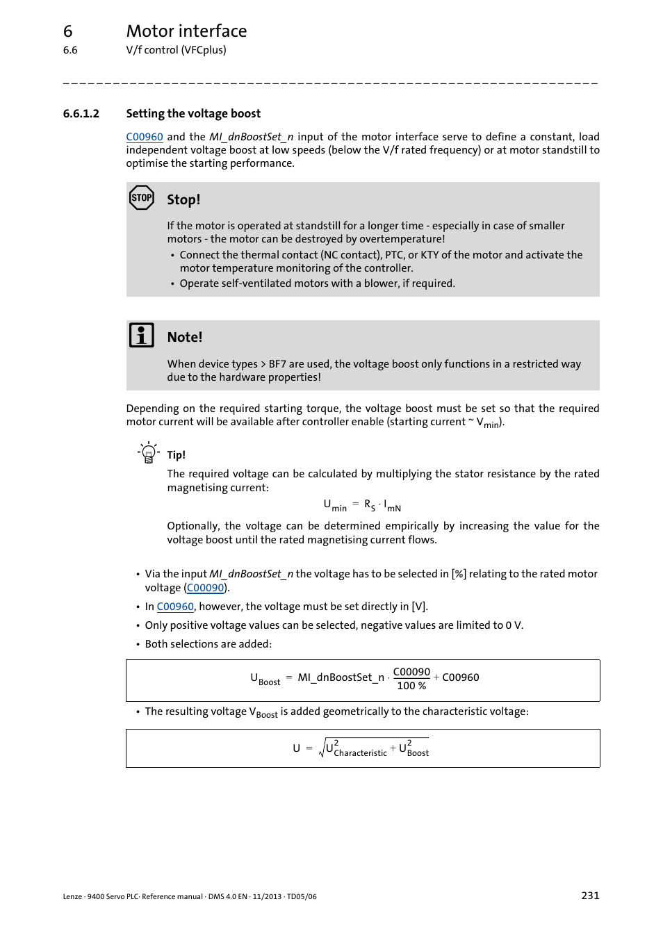 2 setting the voltage boost, Setting the voltage boost, 6motor interface | Stop | Lenze E94AxPExxxx User Manual | Page 231 / 976