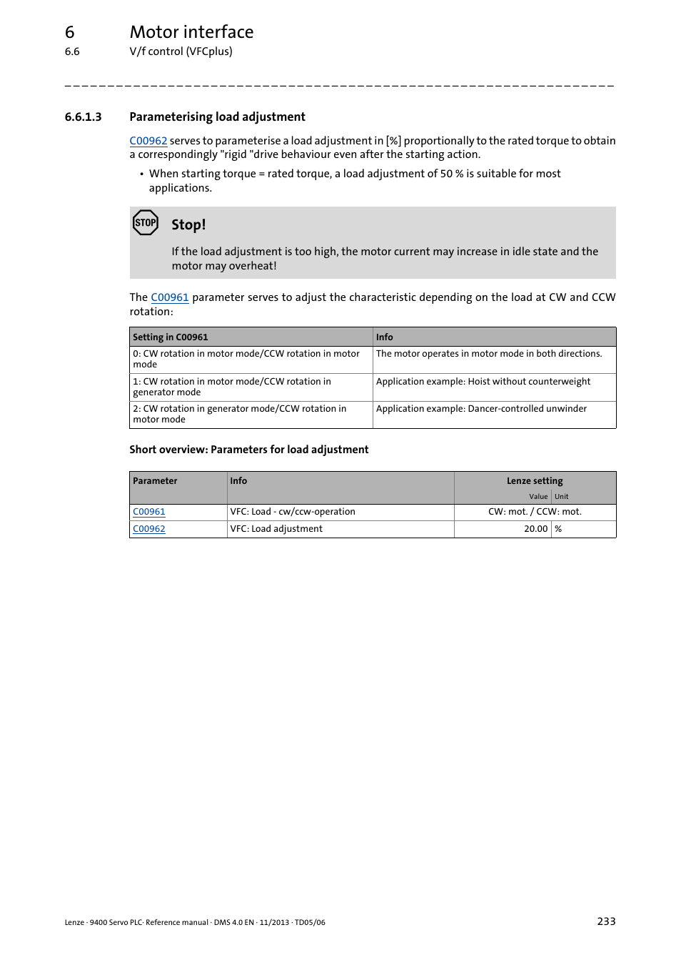 3 parameterising load adjustment, Parameterising load adjustment, 6motor interface | Stop | Lenze E94AxPExxxx User Manual | Page 233 / 976