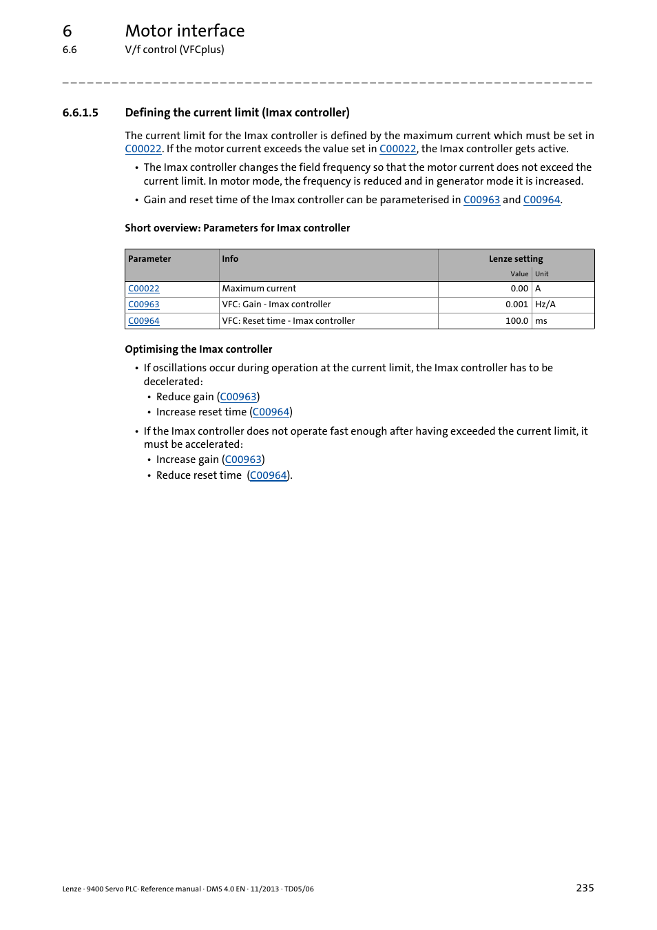 5 defining the current limit (imax controller), Defining the current limit (imax controller), 6motor interface | Lenze E94AxPExxxx User Manual | Page 235 / 976