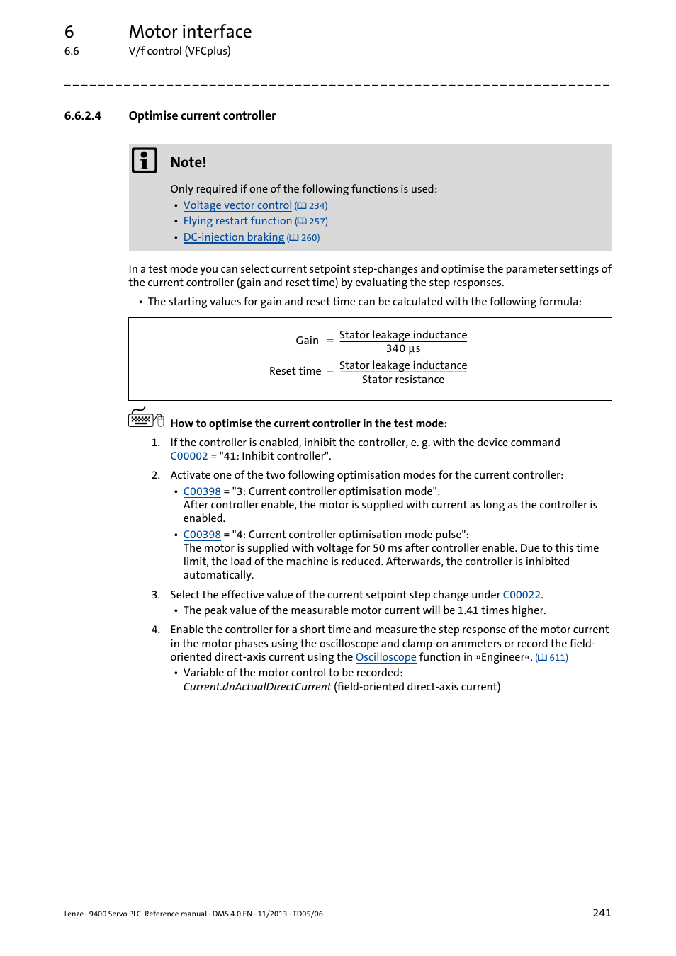 4 optimise current controller, Optimise current controller, Mode | Optimise current, Controller, 6motor interface | Lenze E94AxPExxxx User Manual | Page 241 / 976